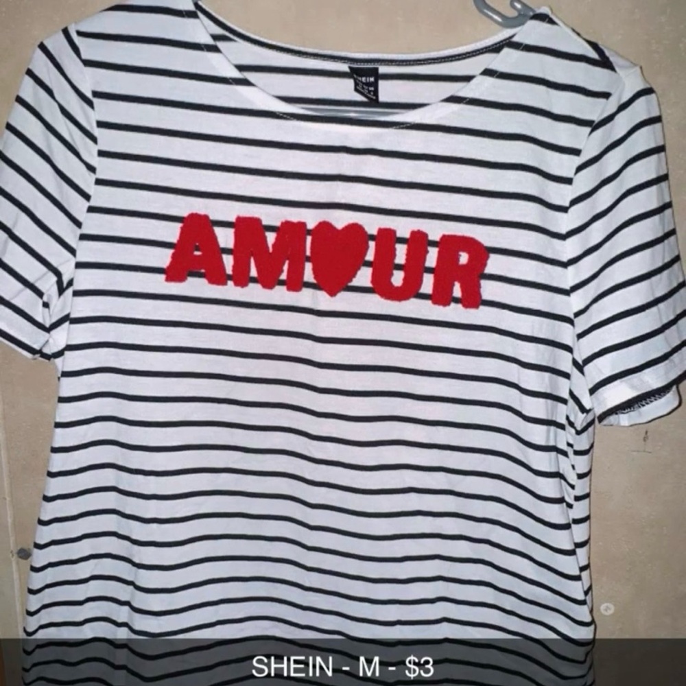SHEIN Black and White Striped Tee with Red 'AMOUR'